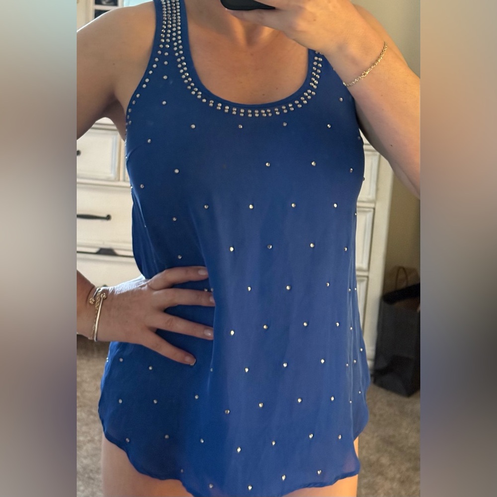 Gemma Cobalt Blue Rhinestone Studded Racer Back Silk Tank Sz S